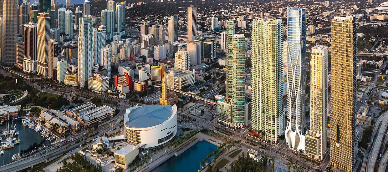 Miami Skyline showing American Airlines Arena in foreground