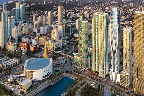 Miami Skyline showing American Airlines Arena in foreground